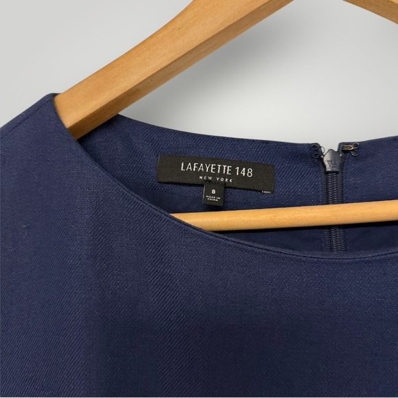 Lafayette 148 Navy Blue Linen Cap Sleeve Pleat Peplum Career Dress Sz 8 - Picture 3 of 9